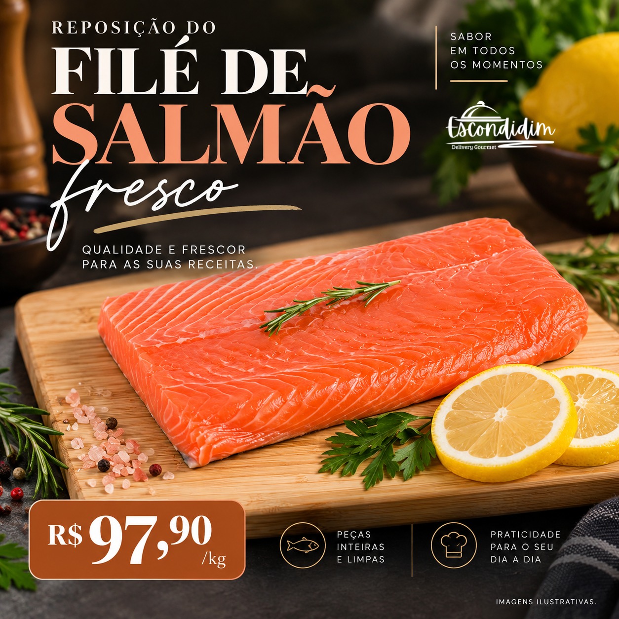 Filé de Salmão Fresco por R$ 97,90/kg, peças inteiras e limpas