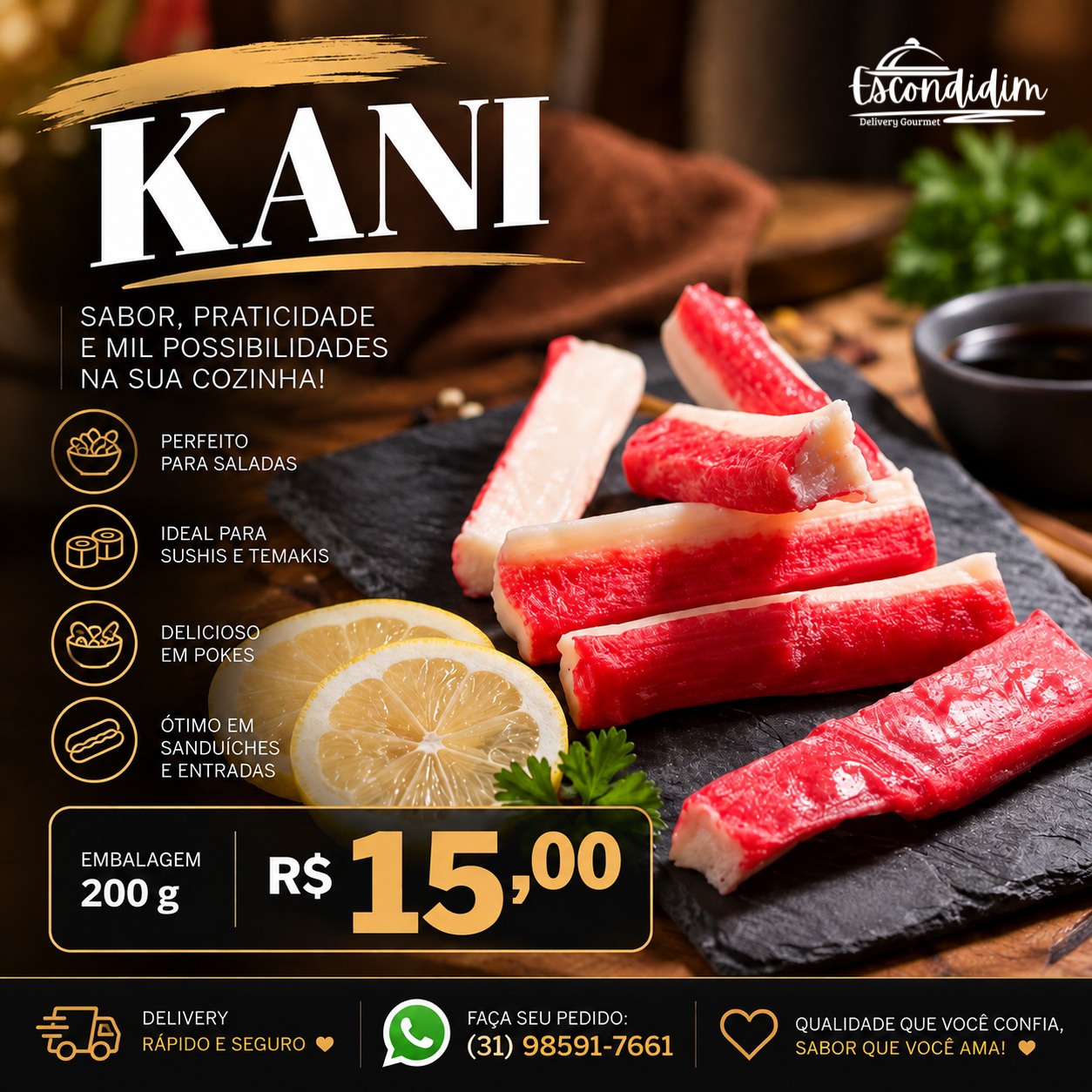 Kani embalagem de 200g por R$ 15,00 — ideal para saladas, sushis, temakis e pokes