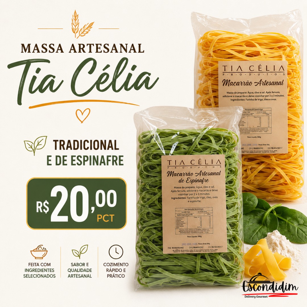 Massa Artesanal Tia Célia Tradicional e de Espinafre por R$ 20,00 o pacote